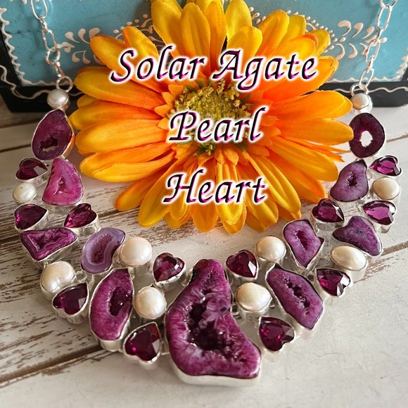 Solar Agate Pearl Heart Necklace Handmade Stone Gemstone 925 Silver Large Ethnic - Picture 13 of 15